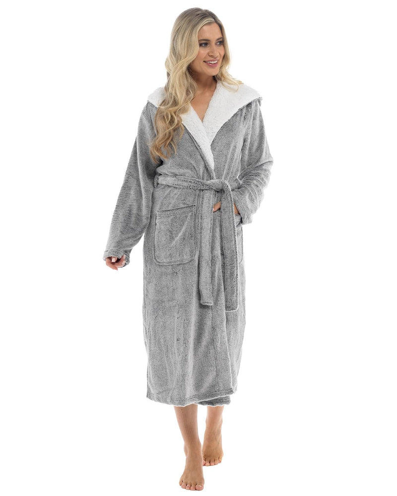 Womens Polished Fleece Sherpa Hood Dressing Gown