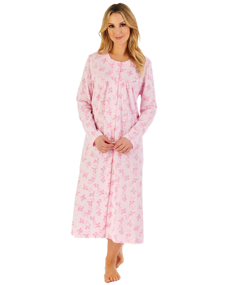 Slenderella Womens 46" Jacquard Floral Long Sleeve Jersey Button Nightie