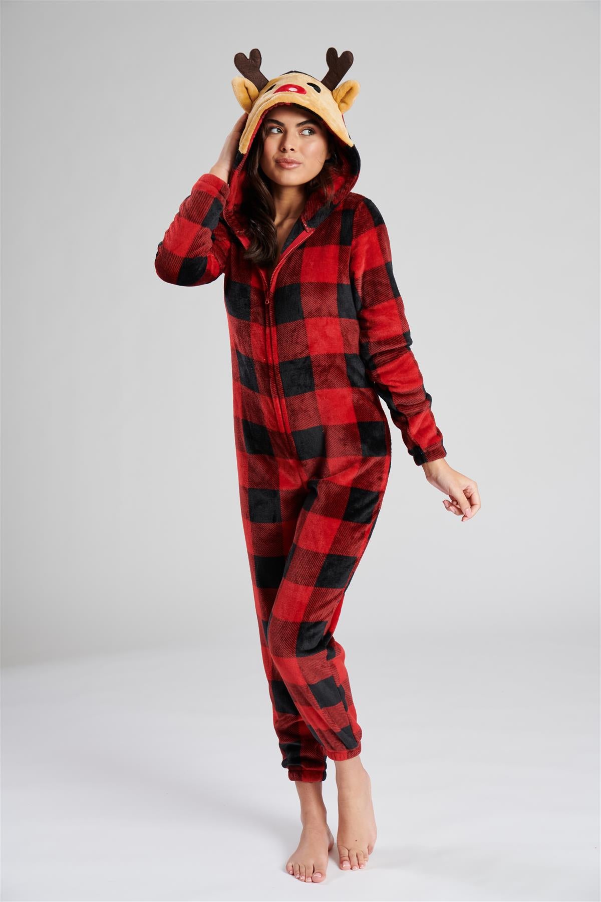 Loungeable Womens Red Check Reindeer Onesie