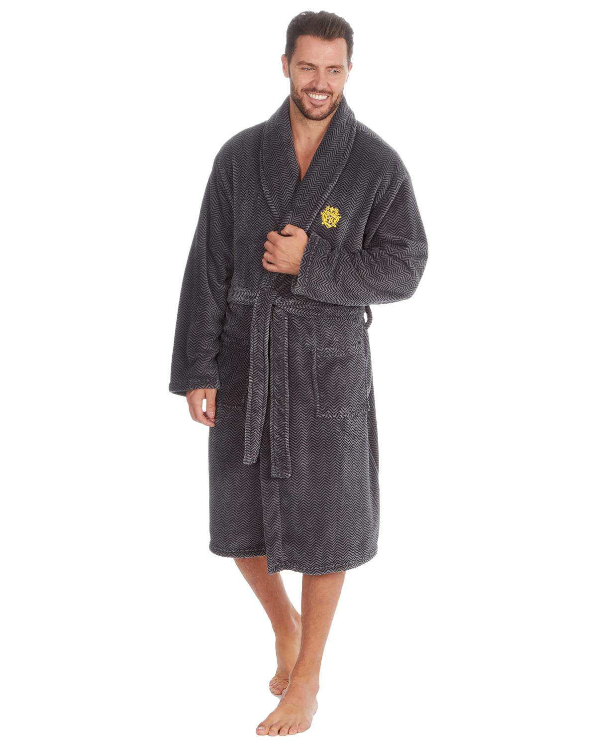 Pierre Roche Mens Black Chevron Fleece Dressing Gown