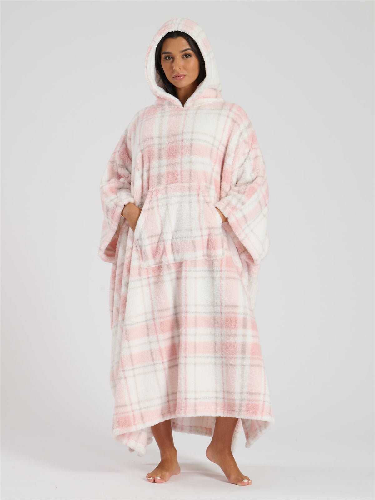 Loungeable Womens Pink Check Print Long Poncho