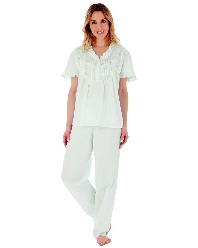 Slenderella Womens Embroidered Pintuck & Ruffle Woven Pyjamas