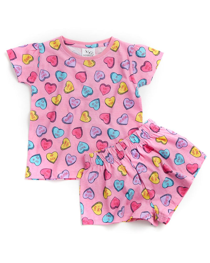 Girls Pink All Over Love Heart Print Pyjamas