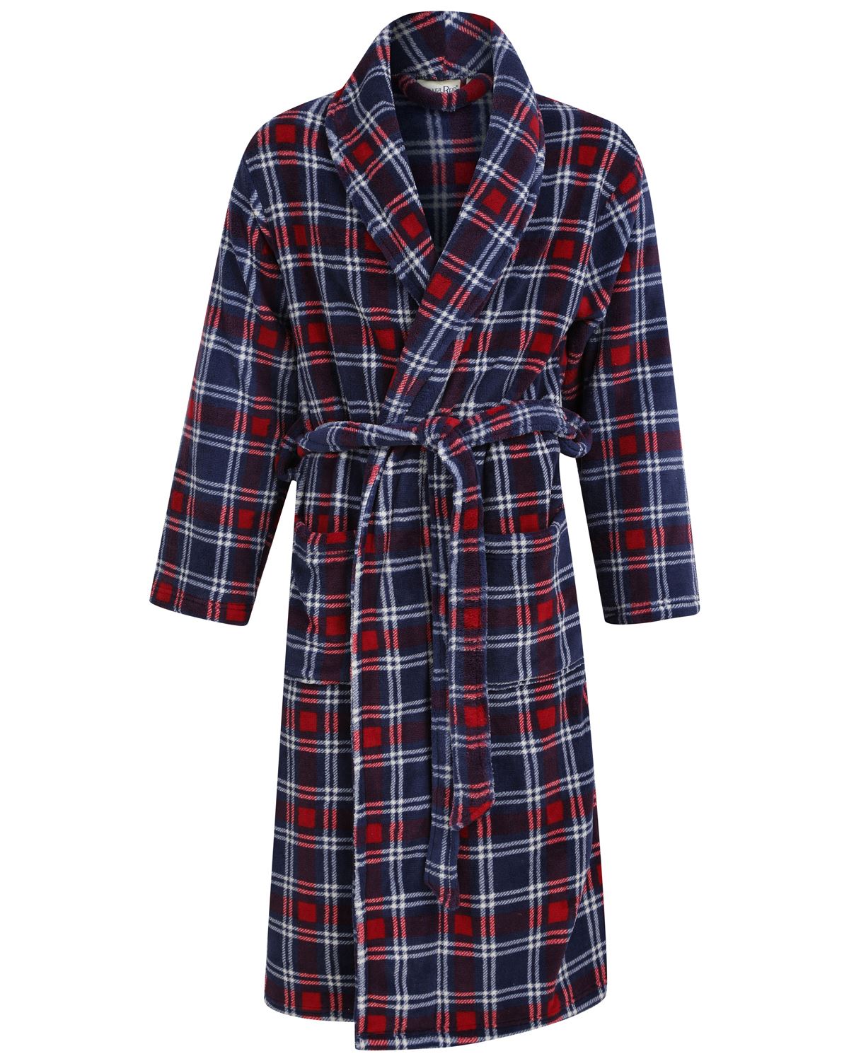 Walker Reid Mens Check Coral Fleece Dressing Gown