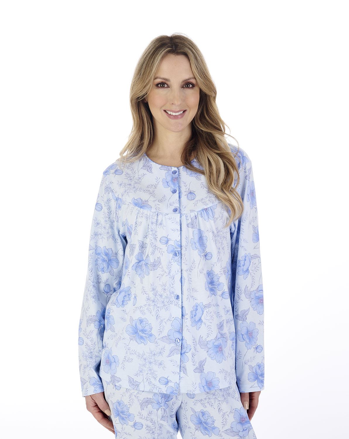 Slenderella Womens Picot Trim Long Sleeve Cotton Pyjamas