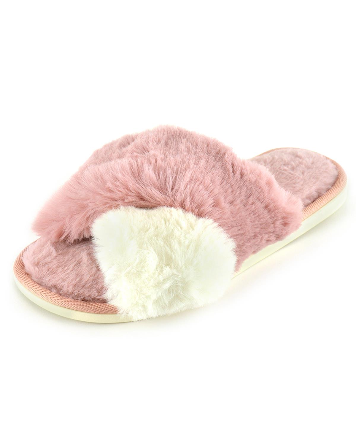 SlumberzzZ Womens Contrast Fluffy Crossover Slippers