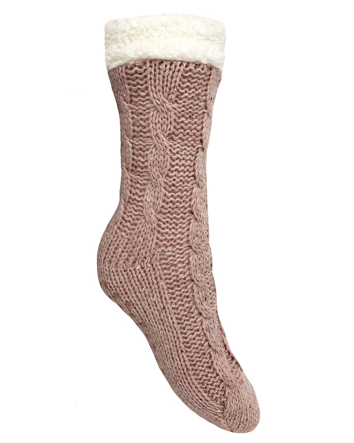 Bramble Womens Pink Sequin Knit Slipper Socks