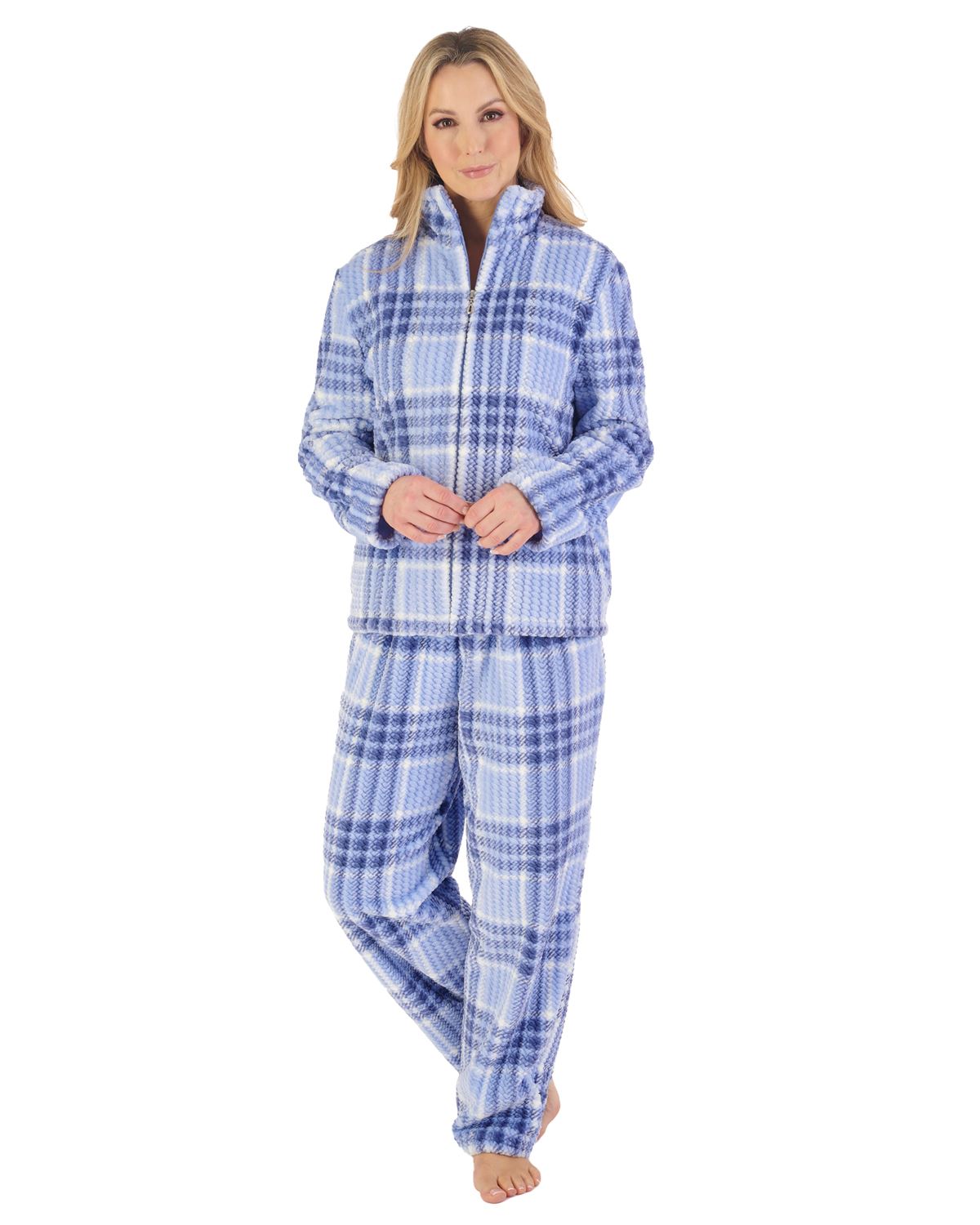 Slenderella Womens Waffle Fleece Check Print Zip Pyjamas