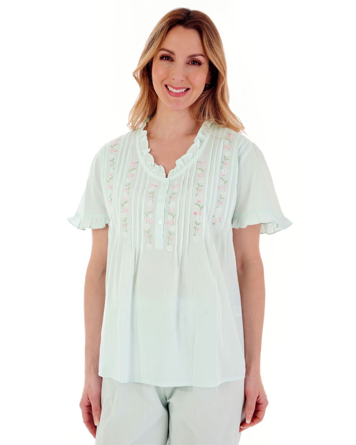 Slenderella Womens Embroidered Pintuck & Ruffle Woven Pyjamas