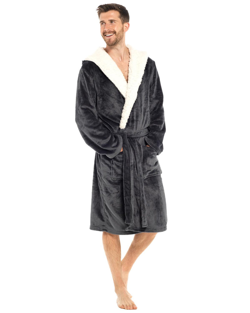 Mens Polished Fleece Sherpa Trim Dressing Gown