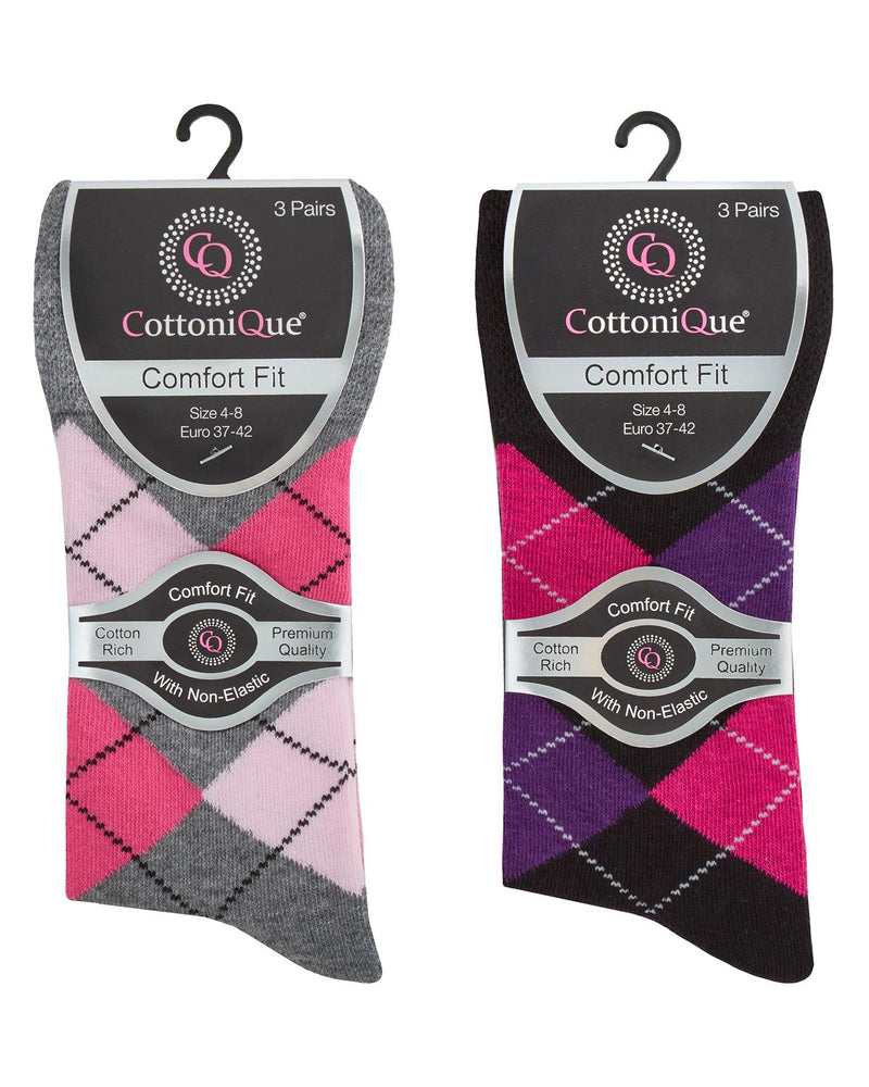 Cottonique Womens 6 Pack Argyle Comfort Fit Socks