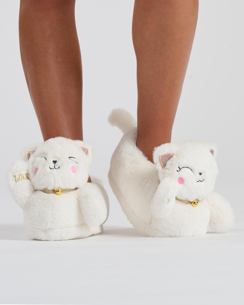 Loungeable Womens White Lucky Cat Slippers