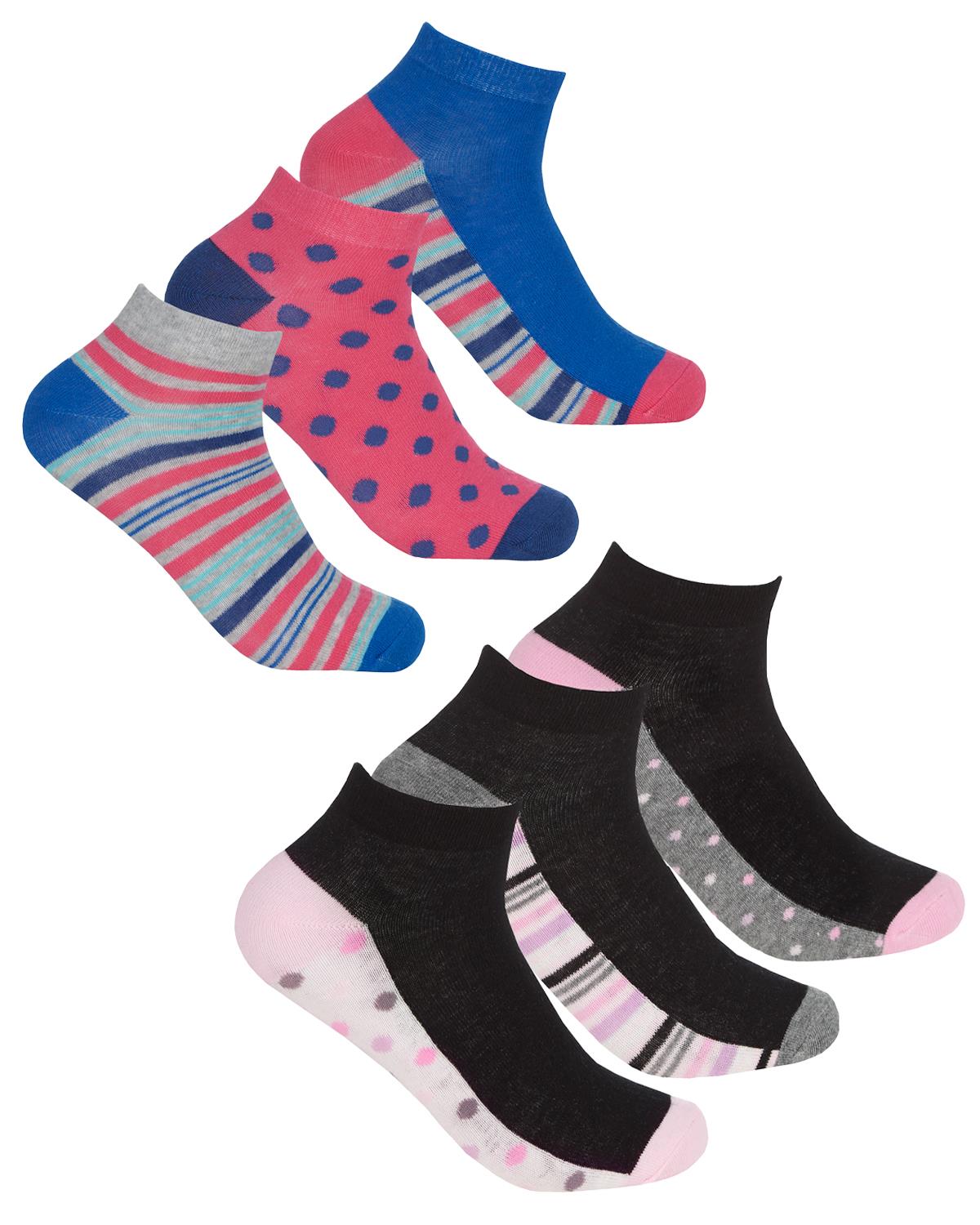 Womens 6 Pack Spots & Stripes Cotton Rich Trainer Socks