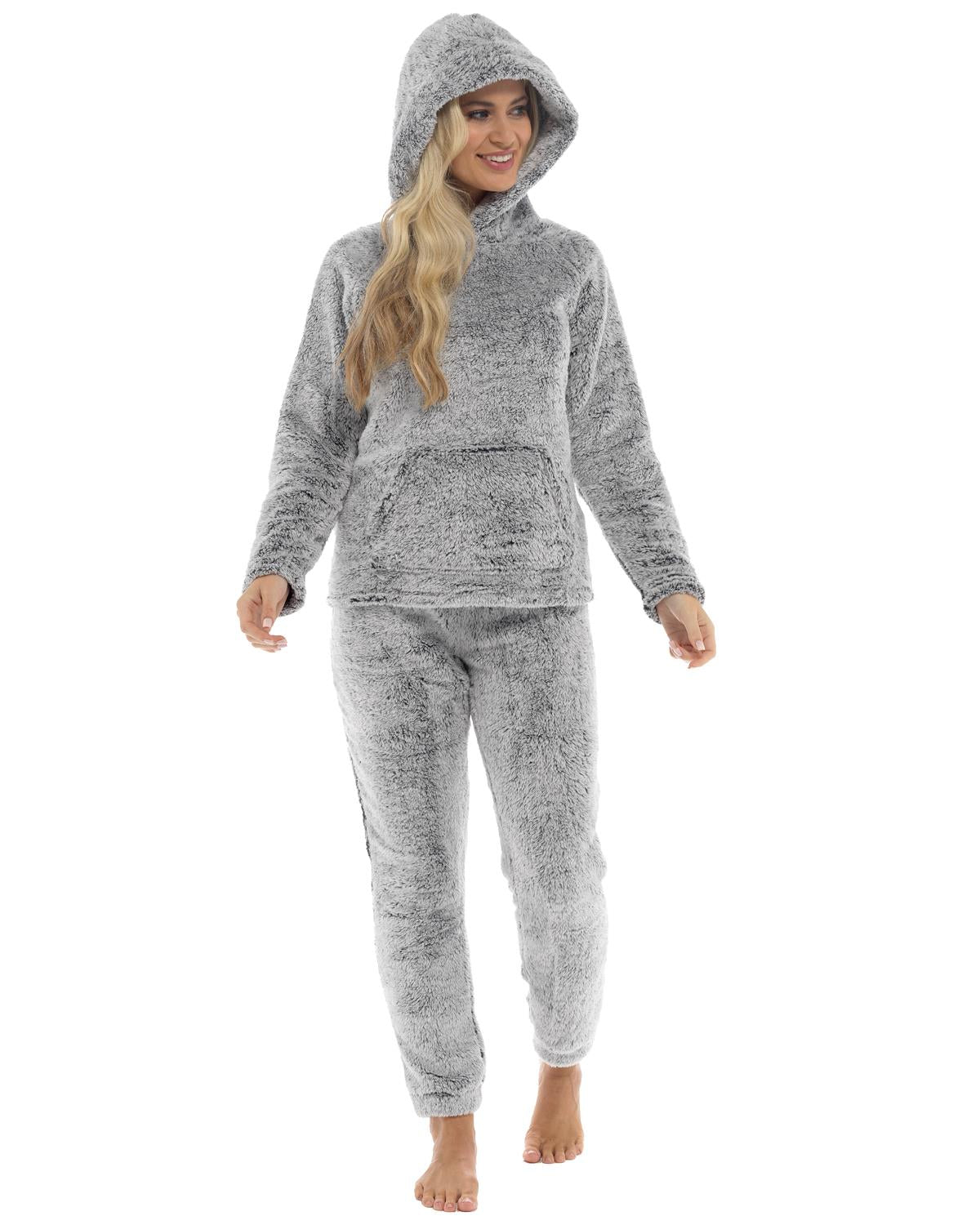 Womens Long Pile Fleece Hooded Pyjamas