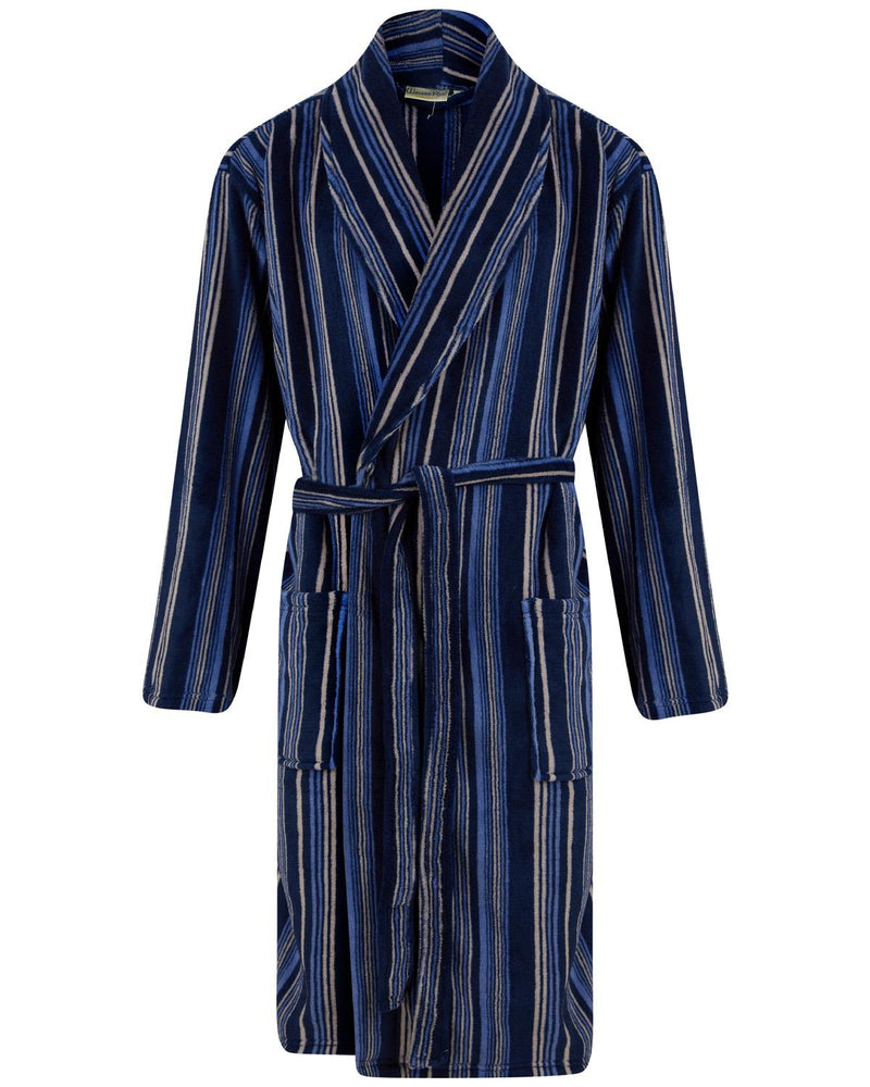 Walker Reid Mens Stripe Coral Fleece Dressing Gown