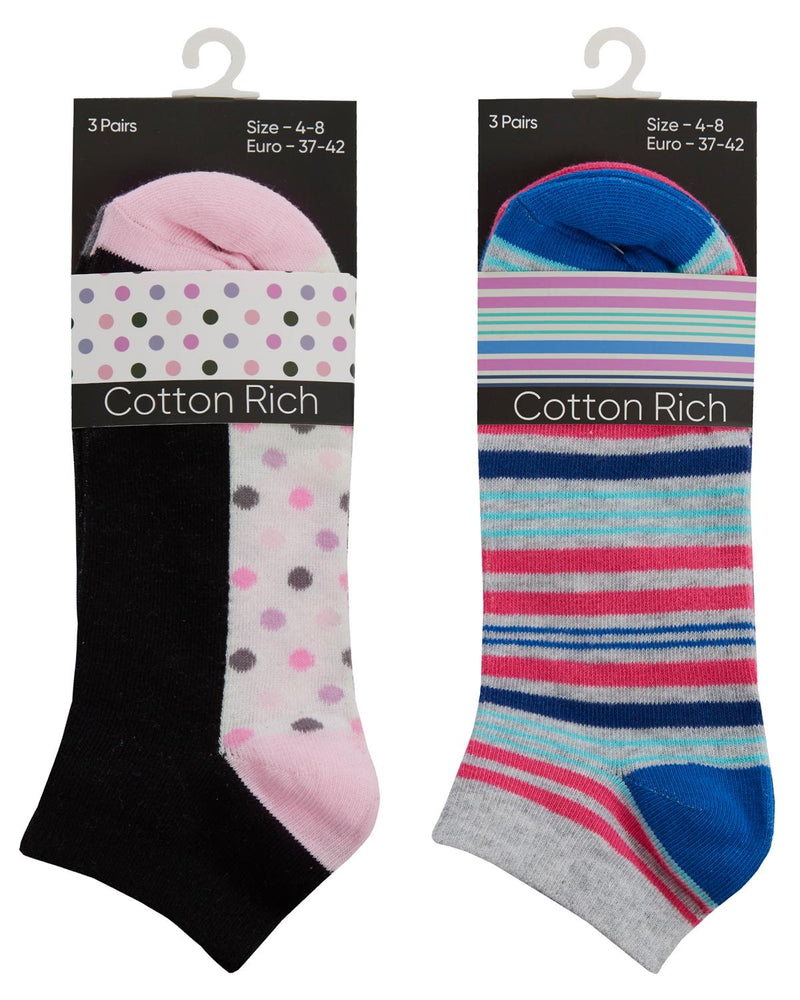 Womens 6 Pack Spots & Stripes Cotton Rich Trainer Socks