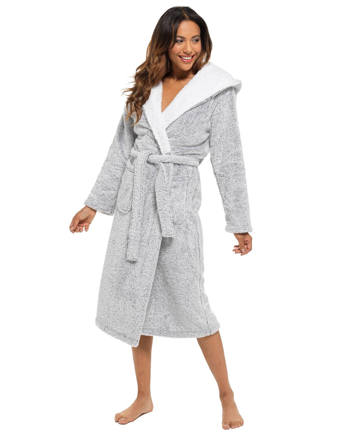 Womens Textured Long Pile Sherpa Trim Dressing Gown