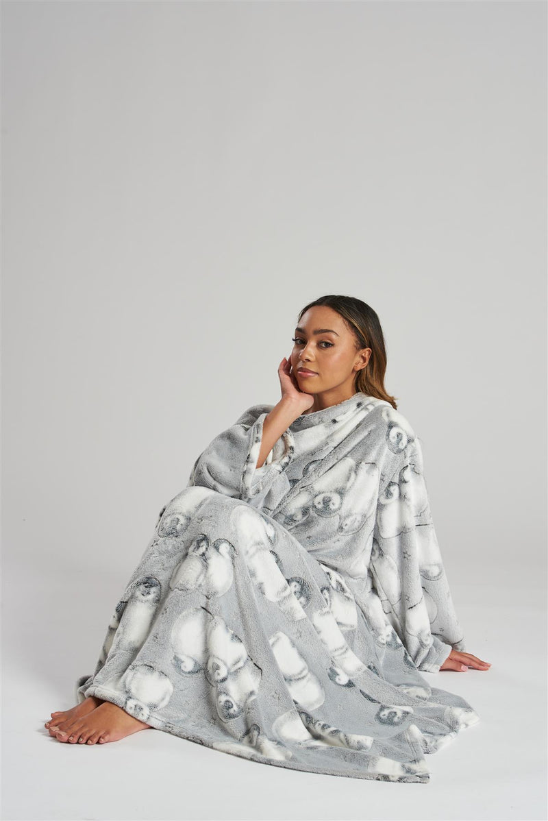 Loungeable Grey Penguin Sleeved Blanket