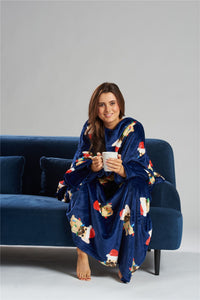 Loungeable Navy Christmas Frenchie Sleeved Blanket