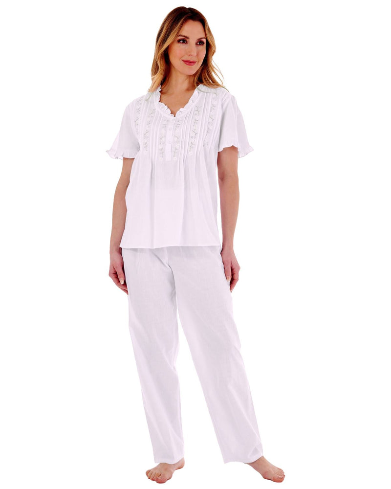 Slenderella Womens Embroidered Pintuck & Ruffle Woven Pyjamas