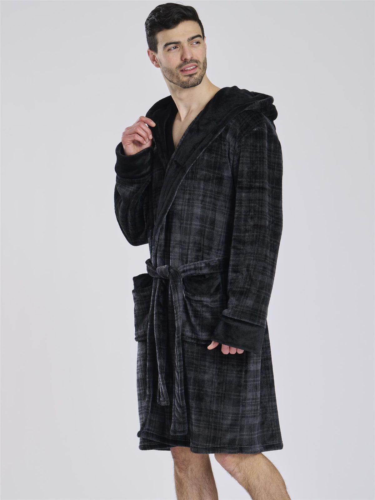 Loungeable Mens Black Check Fleece Dressing Gown