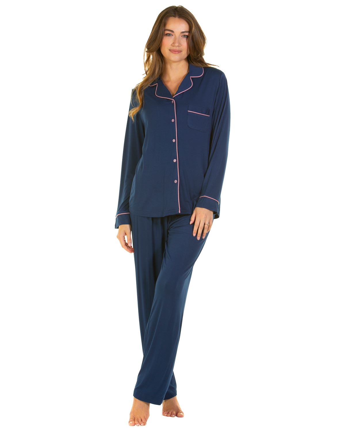 La Marquise Womens Bamboo Lace Long Button Pyjamas