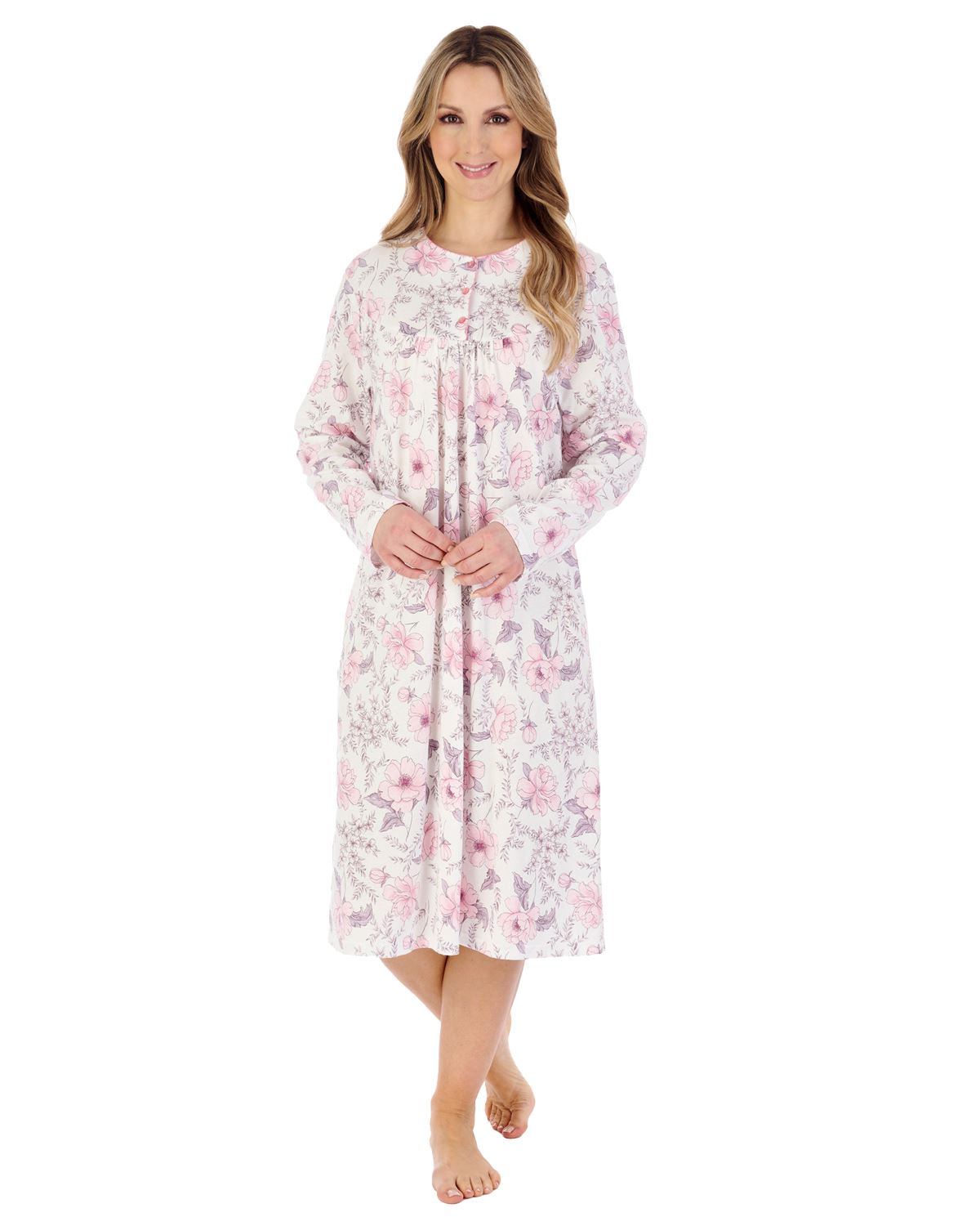 Slenderella Womens 42" Picot Trim Long Sleeve Cotton Nightie