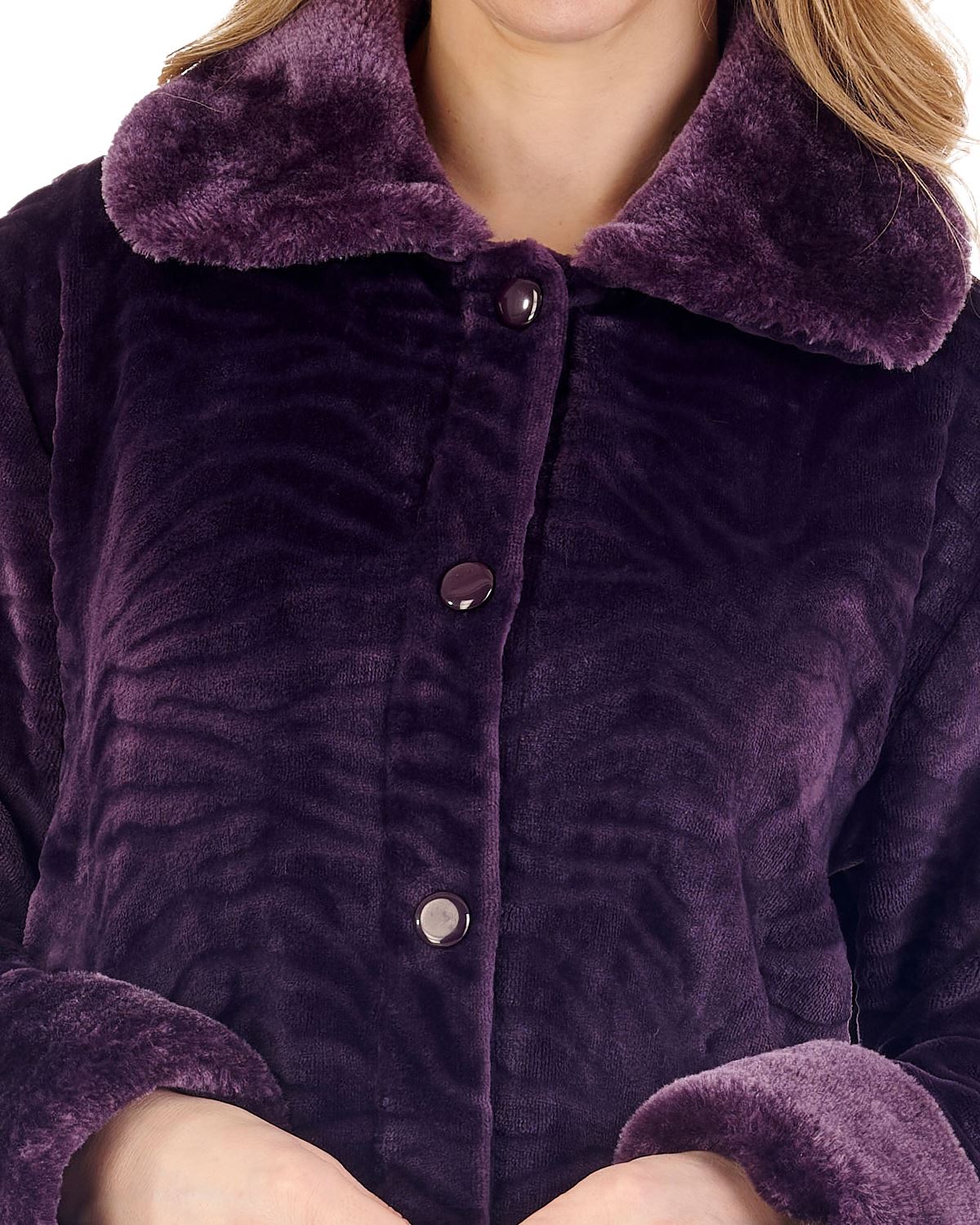 Slenderella Womens Faux Fur Collar Embossed Button Dressing Gown