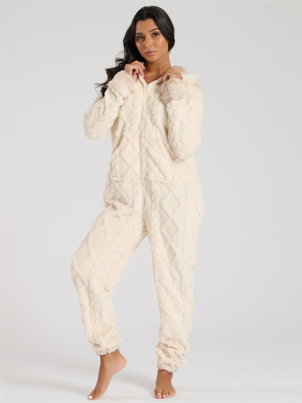 Loungeable Womens Cable Cut Faux Fur Trim Onesie