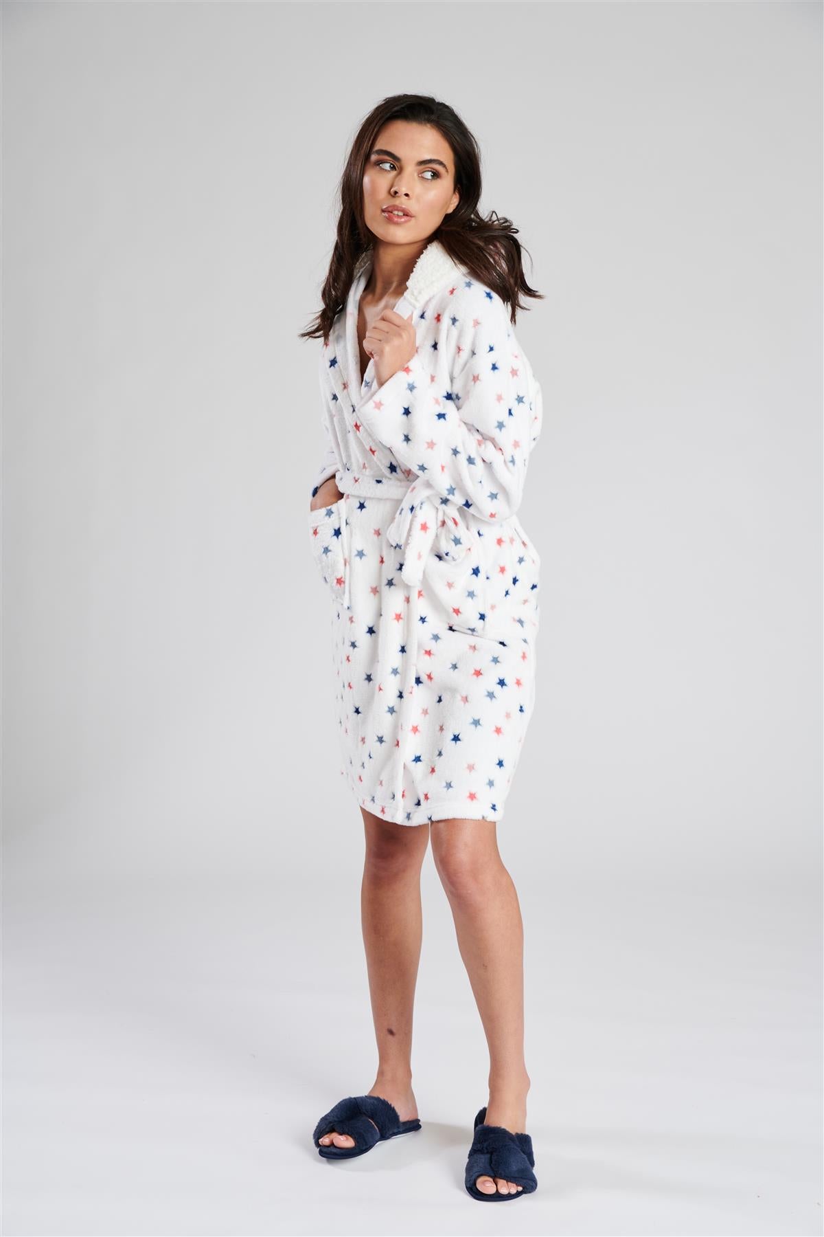 Loungeable Womens White Star Print Dressing Gown